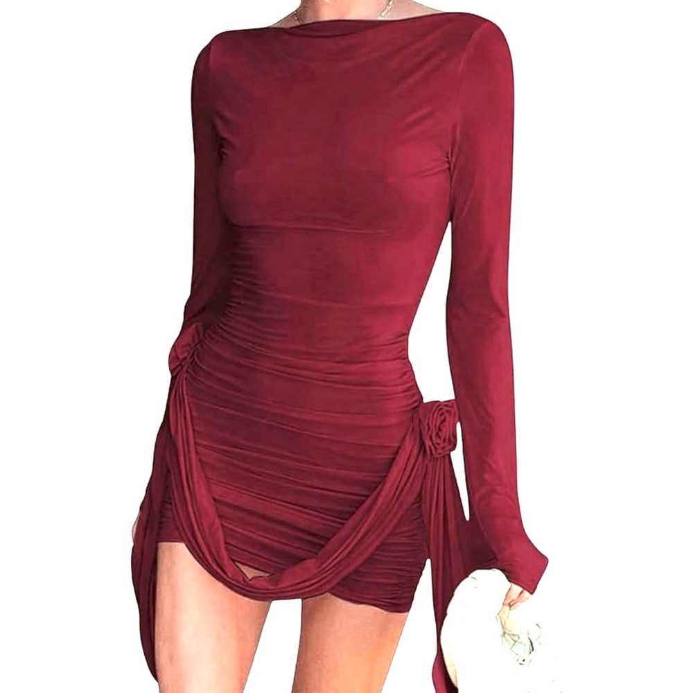 Chic Long Sleeve Burgundy Dress